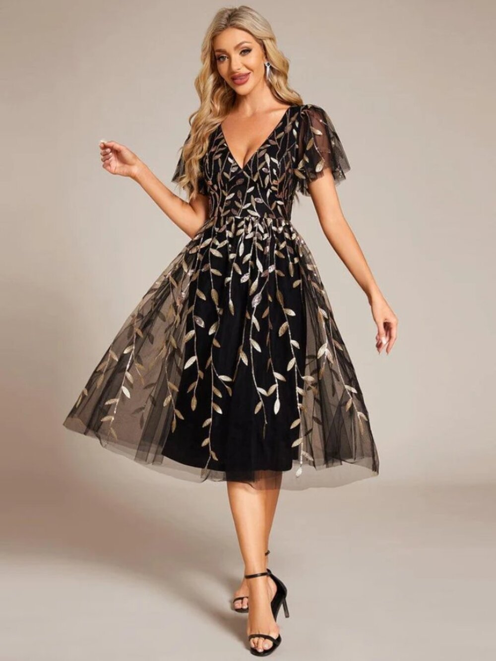 Evening Dress Sequin Short sleeve Tulle Midi Brand new